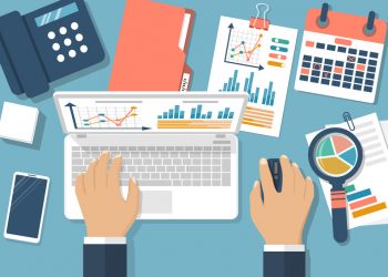 Working with financial papers. Accounting concept. Organization process, analytics, research, planning, report, market analysis. Flat style vector. Man at table with documents.