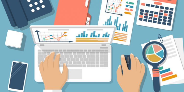 Working with financial papers. Accounting concept. Organization process, analytics, research, planning, report, market analysis. Flat style vector. Man at table with documents.