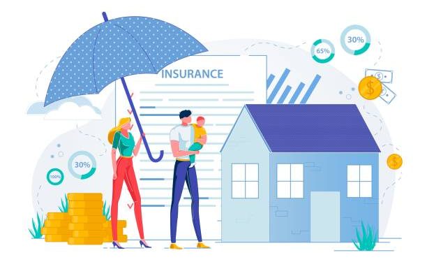 Property Insurance and Real Estate Safety and Protection. Family with Child, People Cartoon Characters on House Protected with Giant Umbrella and Assurance Policy Background. Flat Vector Illustration.